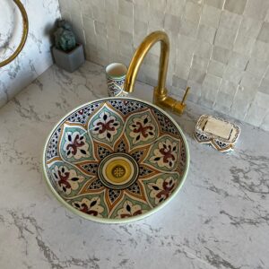 Handmade Moroccan Brass Bathroom Sink – Custom Ceramic Vanity Basin with Artistic Glaze, Elegant Round Lavabo for Modern Bathrooms by OutbackSinks